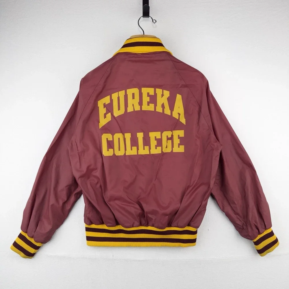 70's Vtg Champion Eureka College Nylon Varsity Jacket Medium Snap Front Made USA